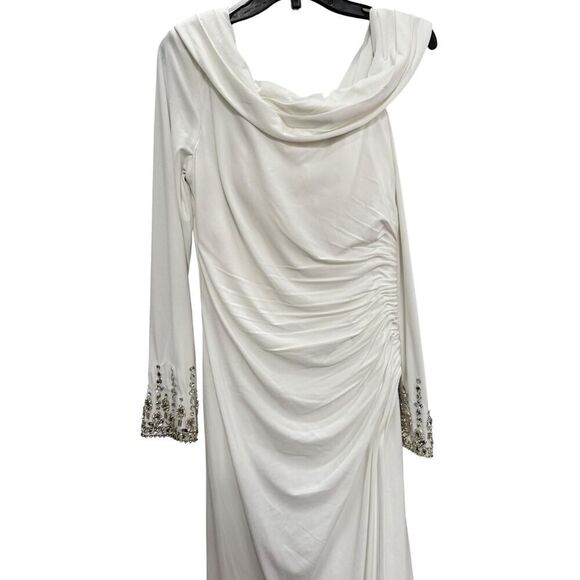 Mac Duggal White Beaded Cuff Drop Shoulder Faux Wrap Gown - Size 8 - NWT - Picture 5 of 7